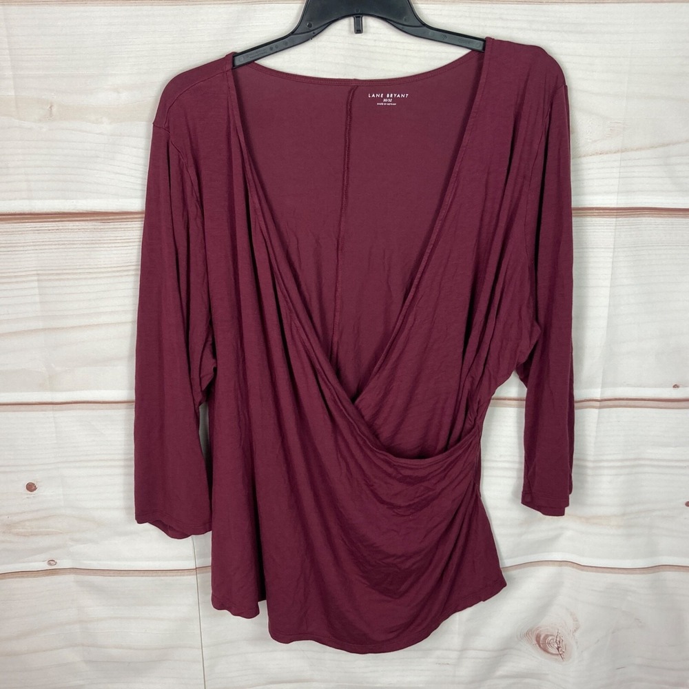 Lane Bryant Top Womens 30 32 Burgundy Faux‎ Wrap Blouse V-Neck Jersey Knit Solid